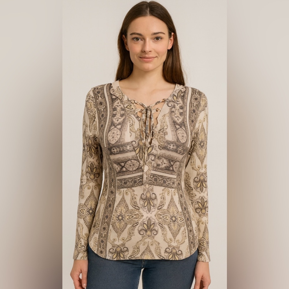 Free People Women’s Long Sleeve Lace Up Top Paisley Medium Festival Boho Artsy